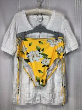 Cupshe Yellow Tropical Floral High-Waist Bikini Bottoms with Side Ties Sz.XXL